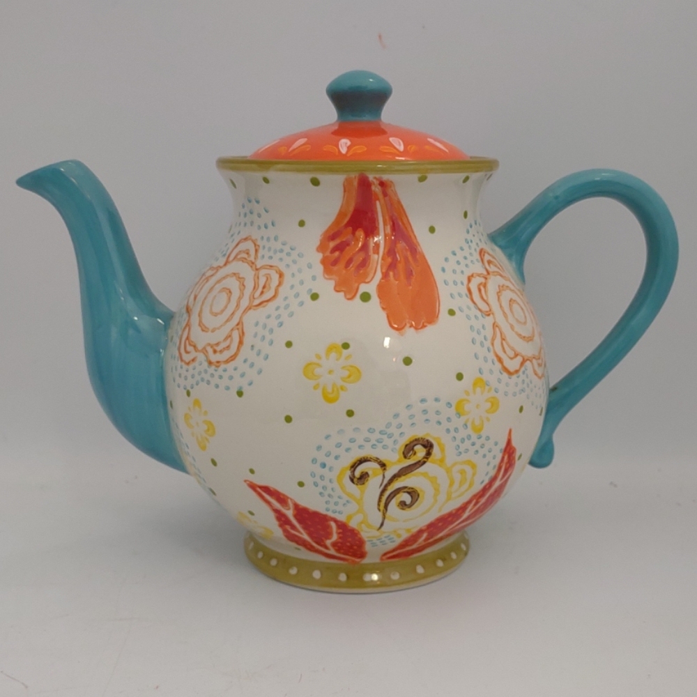 Artistic Accents Coastline Imports Ceramic Teapot Hand Painted Floral Leaf 10"W
